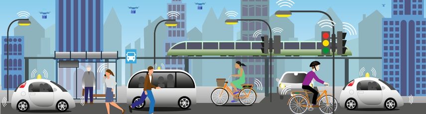 cartoon image of electric transport in a sustainable and IoT connected modern city view.