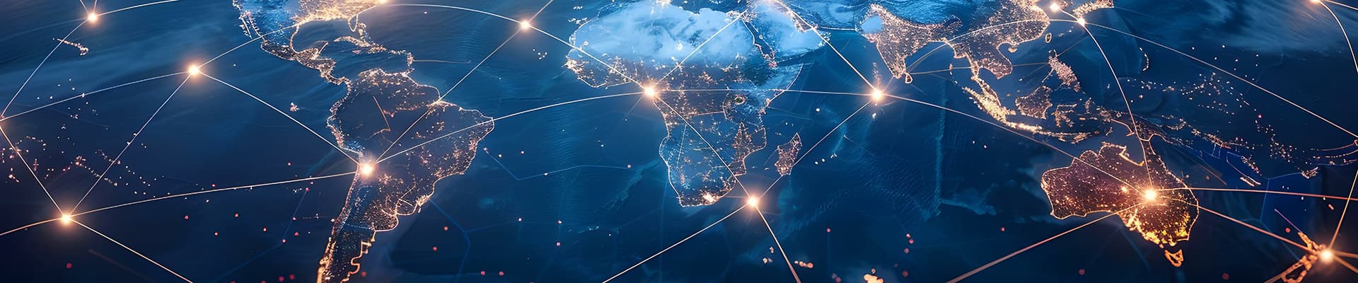 World map connecting flight paths in global business network