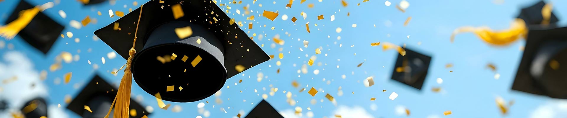 Graduation hats falling falling from the sky with confetti