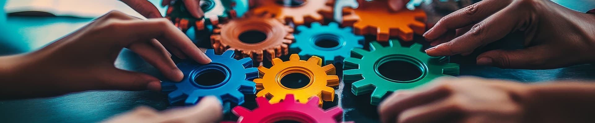 Various hands turning colourful cogs