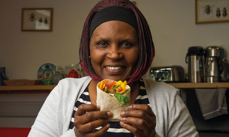 A woman holding a wrap