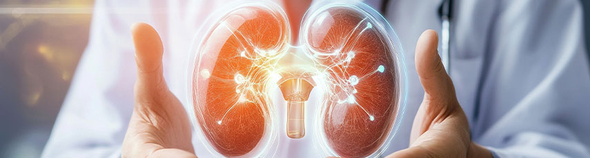 Abstract of doctor in a white coat holding kidney organ
