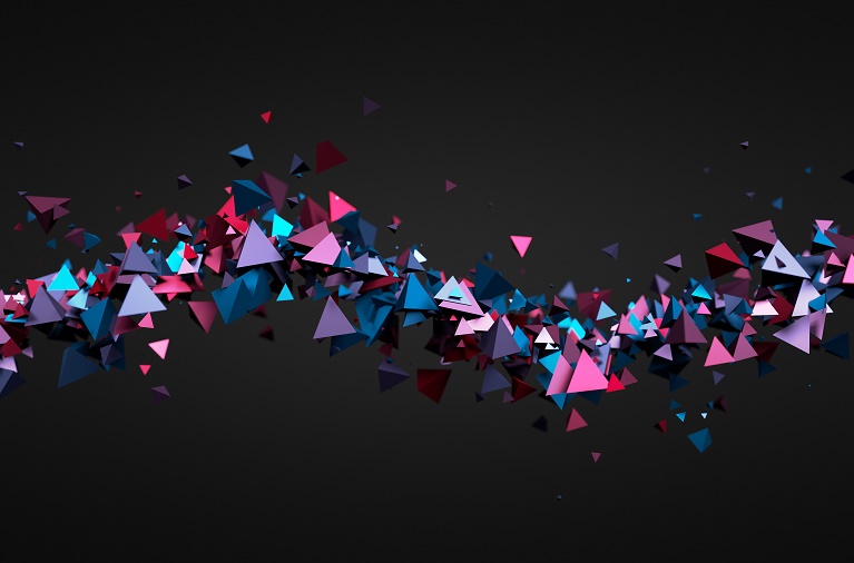 Multiple coloured triangles on a black background