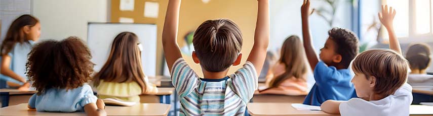 children in a classroom with their hands in the air