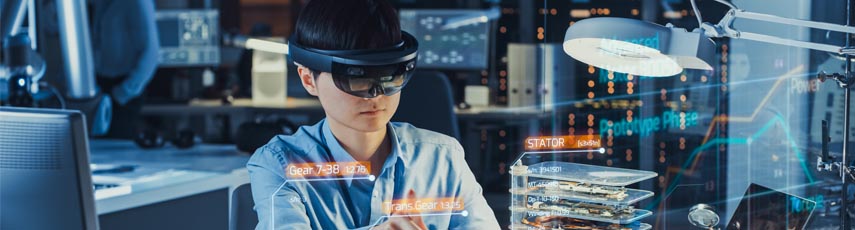 Industrial Factory Chief Engineer Wearing AR Headset Designs a Prototype of an Electric Motor on the Holographic Projection Blueprint