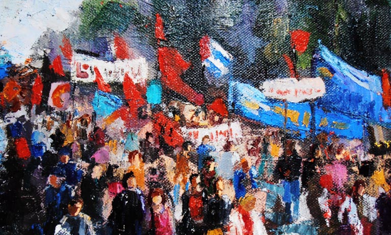 Artwork from the Black arts movement showing a protest march.