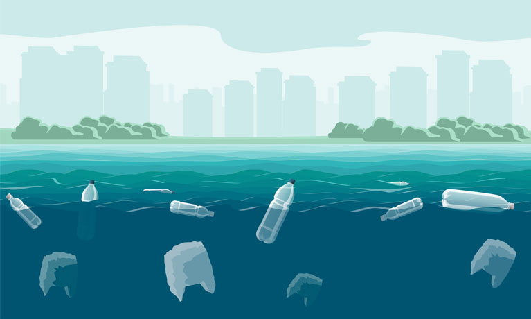 Illustration of plastic bottles in the sea.