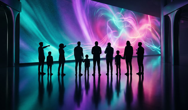 People observing an immersive tech art installation