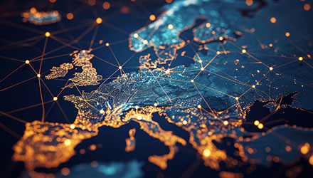 Digital map of the world with lines and pins connecting countries