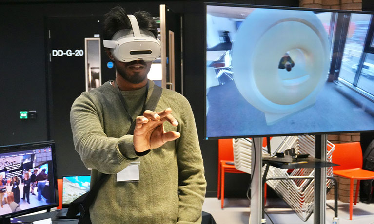 Person wearing VR headset in Delia Derbyshire building