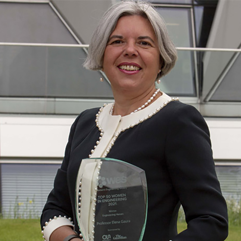 Professor Elena Gaura holding an award