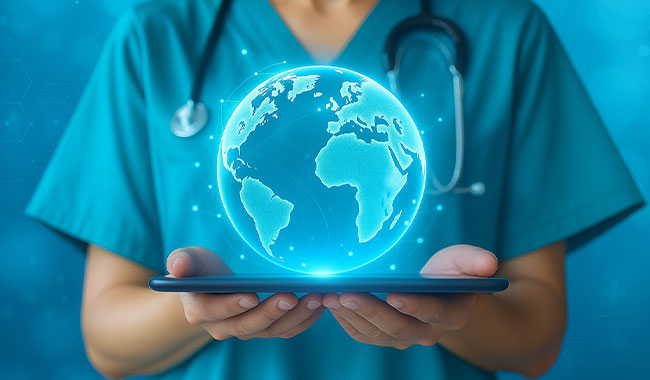 Healthcare professional behind a digital globe