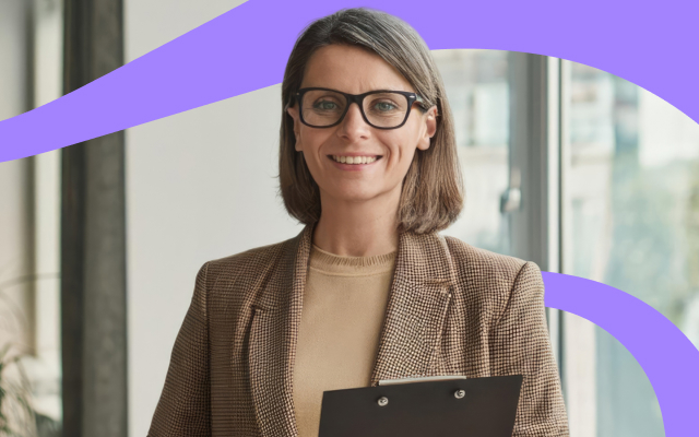 Person in a brown checkered blazer holding a clipboard indoors, with purple graphic lines and large windows in the background.