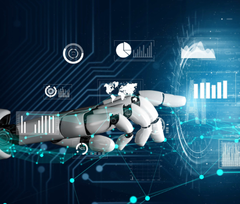 robot hand reaches across a background of data