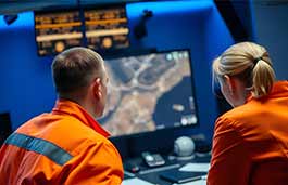 two emergency workers wearing orange suits looking at a screen 