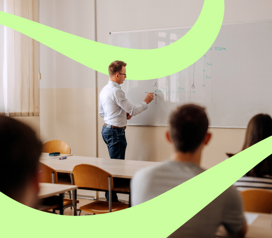 Classroom with a person writing on a whiteboard, students seated, and a green overlay.