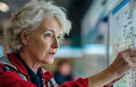 older lady studying a map on a screen 