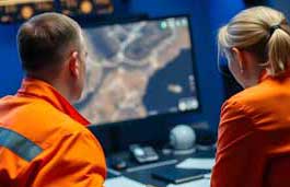 Two emergency workers studying a map on a screen 