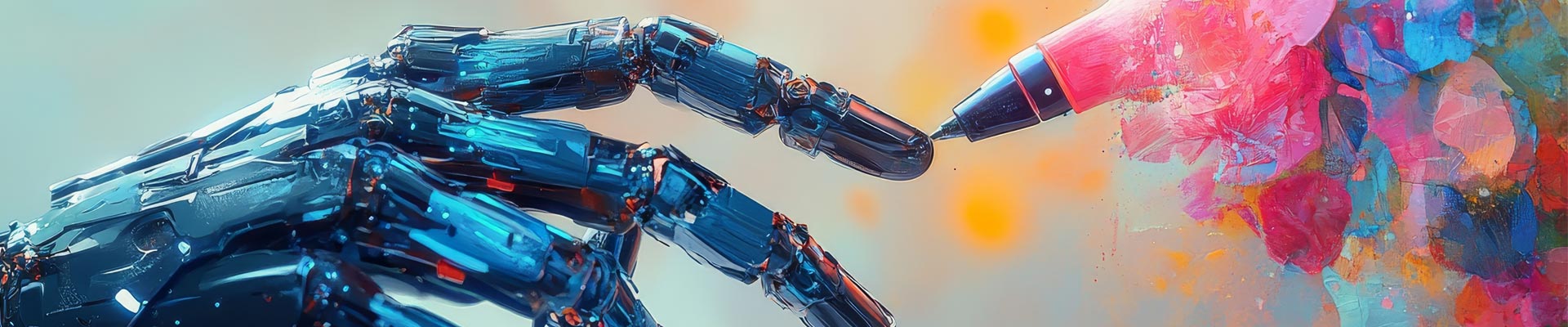 An artist passing on their pen to a robotic AI hand, against a colourful watercolour background.