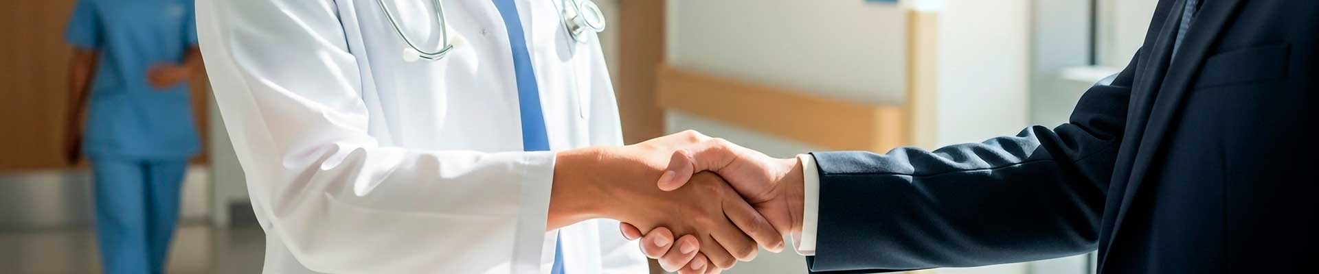 Professional handshake between female doctor in white coat with stethoscope and businessman in suit inside modern hospital hallway during bright day