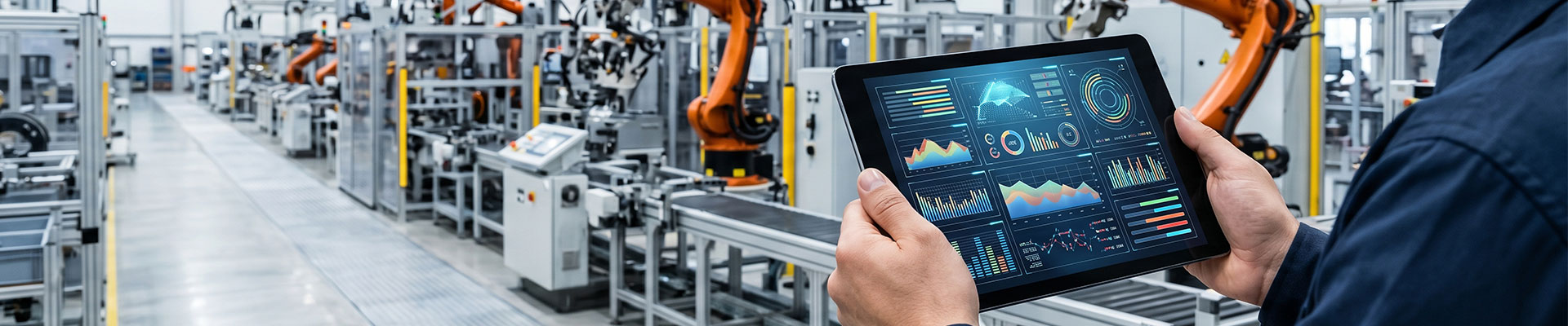 Man using an ipad in a engineering factory