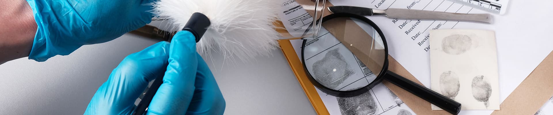 Gloved hands holding a fingerprint brush over a desk covered with forensic tools and fingerprint samples.