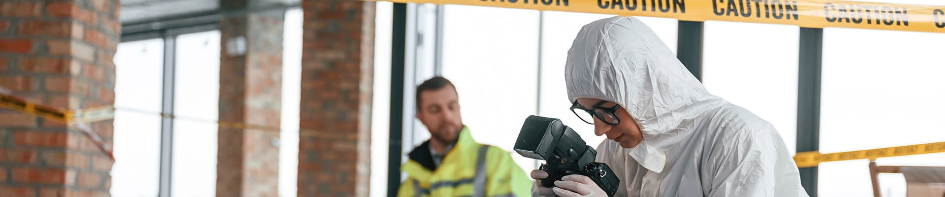 A forensic investigator photographing evidence at a taped‑off crime scene while another person records notes