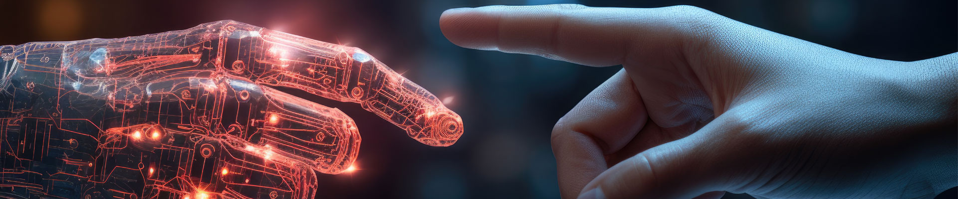 The human finger delicately touches the finger of a robot's metallic finger. Concept of harmonious coexistence of humans and AI technology