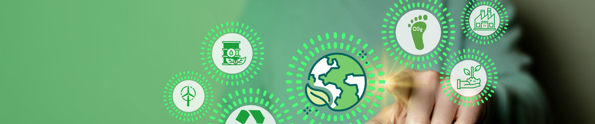 icons representing recycling, carbon footprints and the world on a green background