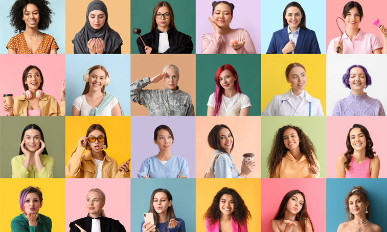 different women in coloured square panels