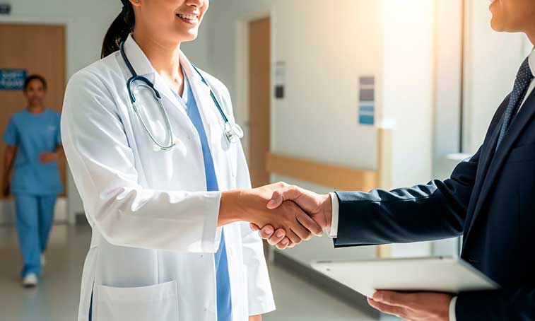 Professional handshake between female doctor in white coat with stethoscope and businessman in suit inside modern hospital hallway during bright day