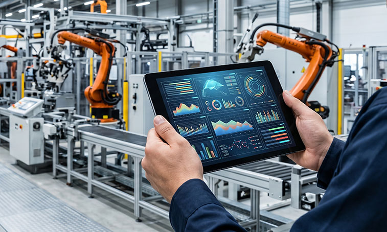 Man using an ipad in an engineering factory