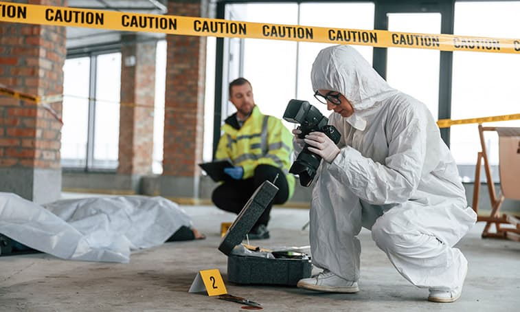 A forensic investigator photographing evidence at a taped‑off crime scene while another person records notes