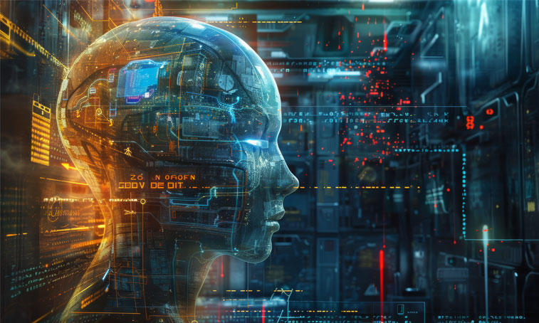 AI image of a robot in a data storage facility with code written over the image.