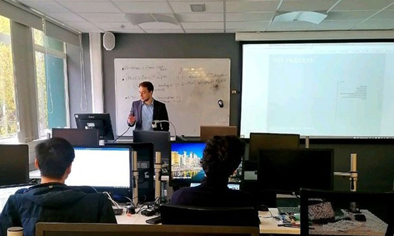 Matthew giving a talk on &ldquo;The Architectural Process&rdquo; in the Architectural Technology Studio to second-year students.