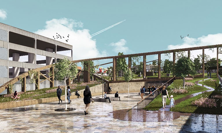 A reimagined Coventry Market, with rooftop public green space and a new entrance.