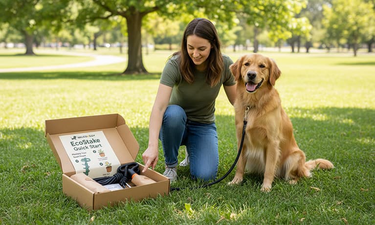 Golden retriever sat next to the owner with an open box