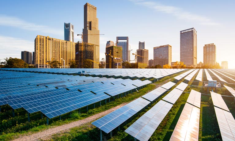 solar panels in a field, infront of a city skyline
