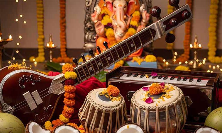 Indian instruments among bright colours