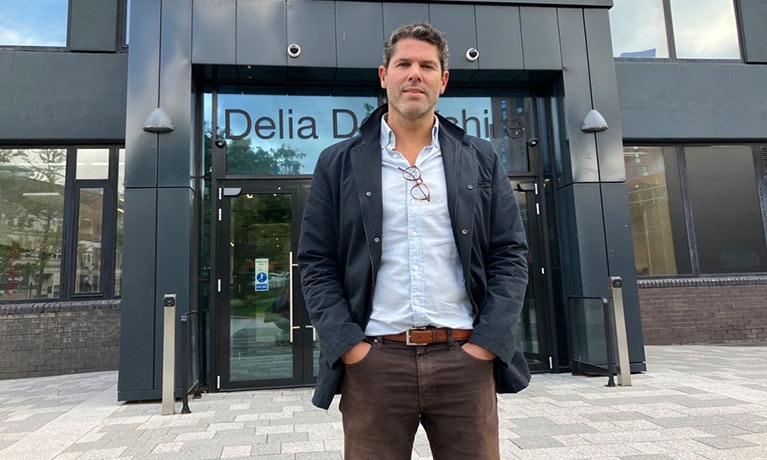 Matt Hill stood outside the Delia Derbyshire building at Coventry University
