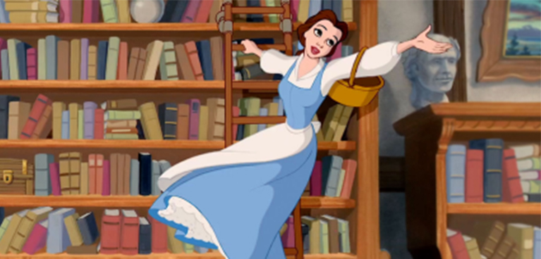 Belle from Beauty and the Beast stood on ladder