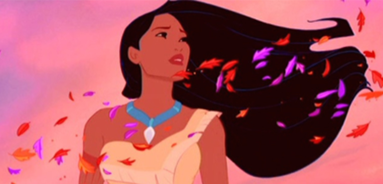 Pocahontas looking to the side with her hair blowing in the wind