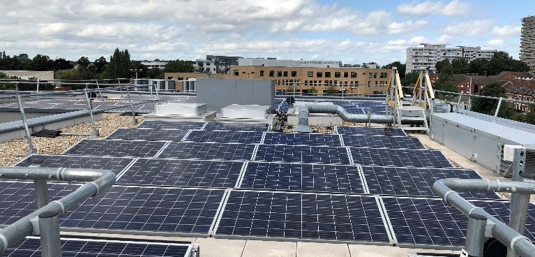 Solar panels on a Coventry University building roof