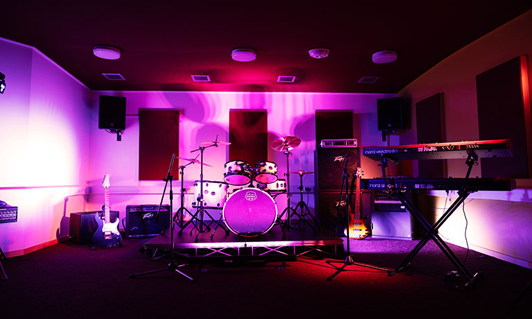 A drumkit in a studio