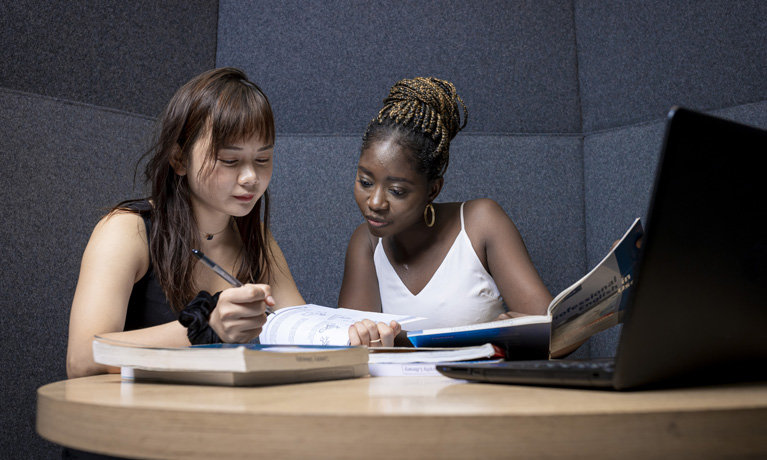 Students sat in together looking at a laptop
