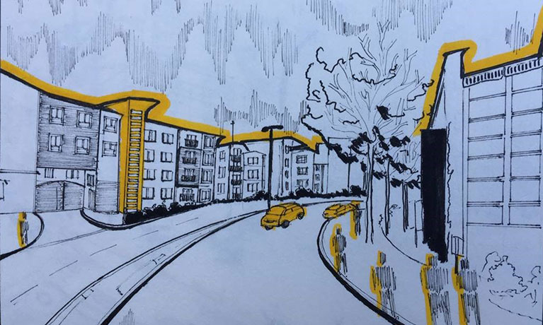 Black and white sketch of Coventry with highlight in yellow