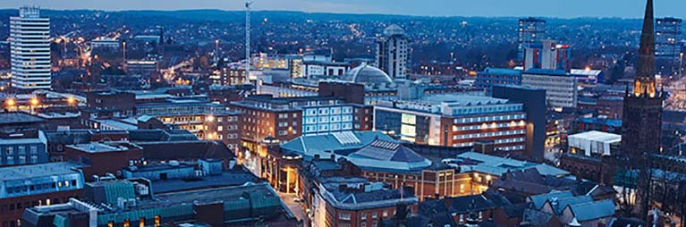 View of buildings after sunset