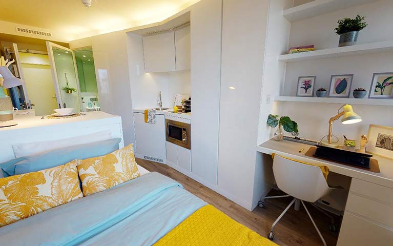 Bright standard studio bed and studio area and kitchenette 