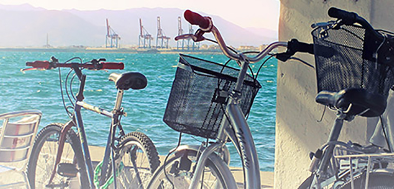 Bicycles parked in front of the sea