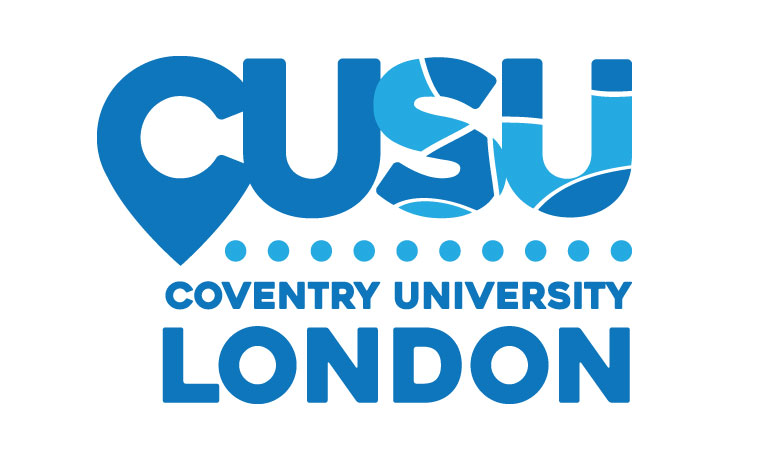 Blue on white logo for Coventry University Students Union in London.